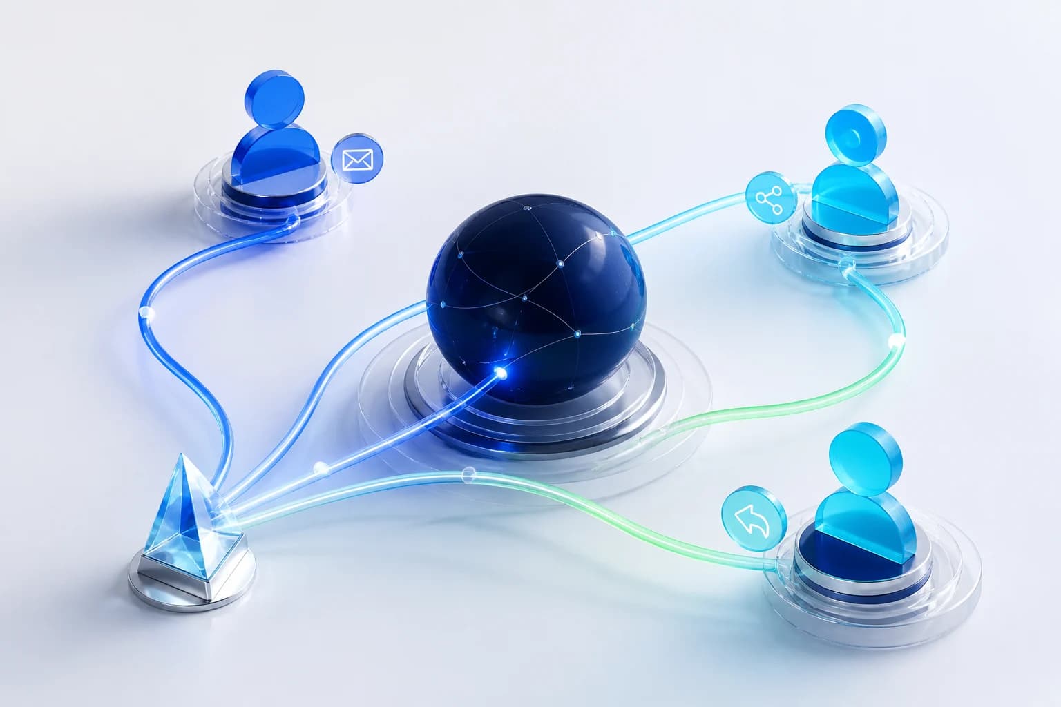 An account at the center of distinct, personalized outreach paths for three prospects.