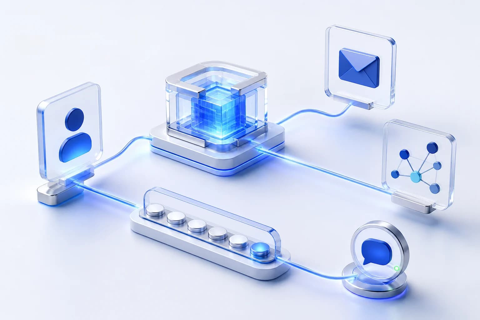 A connected visual system representing the parts of an AI-assisted outbound workflow.